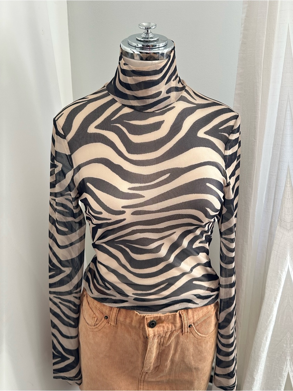 Y2K Zebra Mesh Turtleneck Sheer Animal Print Second Skin Top Sheer Zebra-Print